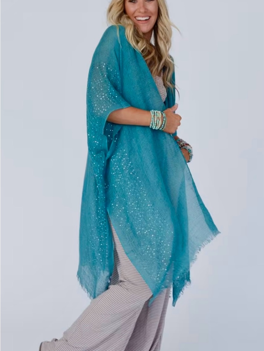 Three Bird Nest Teal Sparkle Lightweight Kimono Poncho Wrap